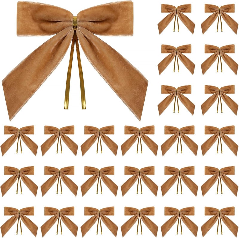 Utehilly 24 Pcs Camel Small Velvet Christmas Bows for Christmas Tree, Wreath, Gift Wrapping, Crafts, Wedding, Party, Twist Tie Bows for Treat Bag Bakery Candy Bags, Home Decor 1" W,3.5 x 3.5 inch - Image 1